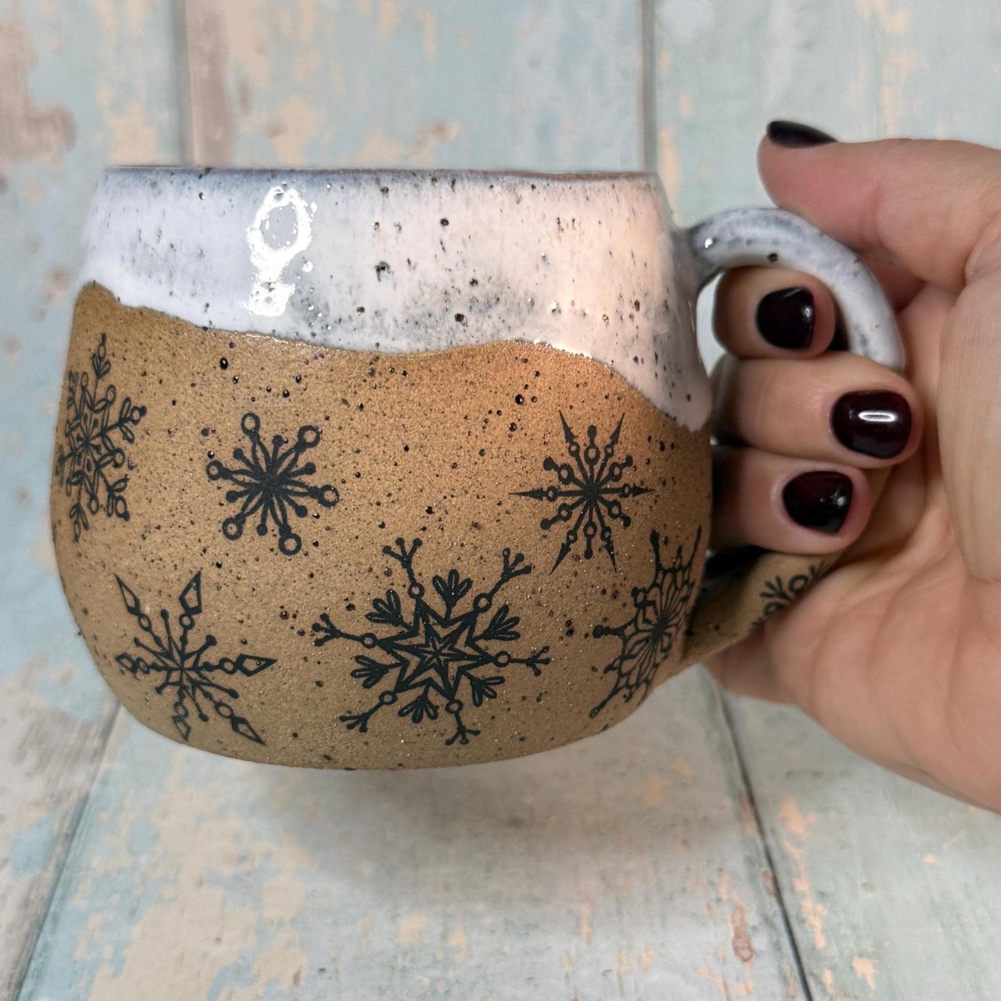Black and White Christmas Snowflake Mug, Handmade Ceramic Cup - FJD Ceramics