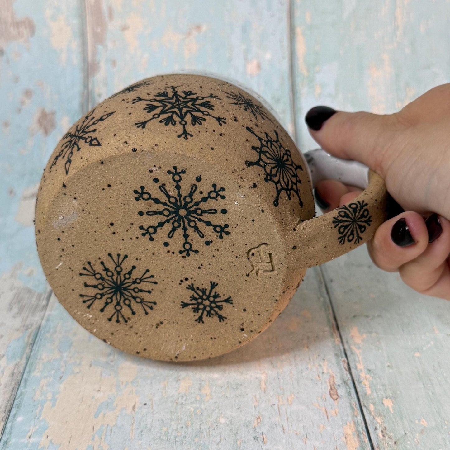 Black and White Christmas Snowflake Mug, Handmade Ceramic Cup - FJD Ceramics