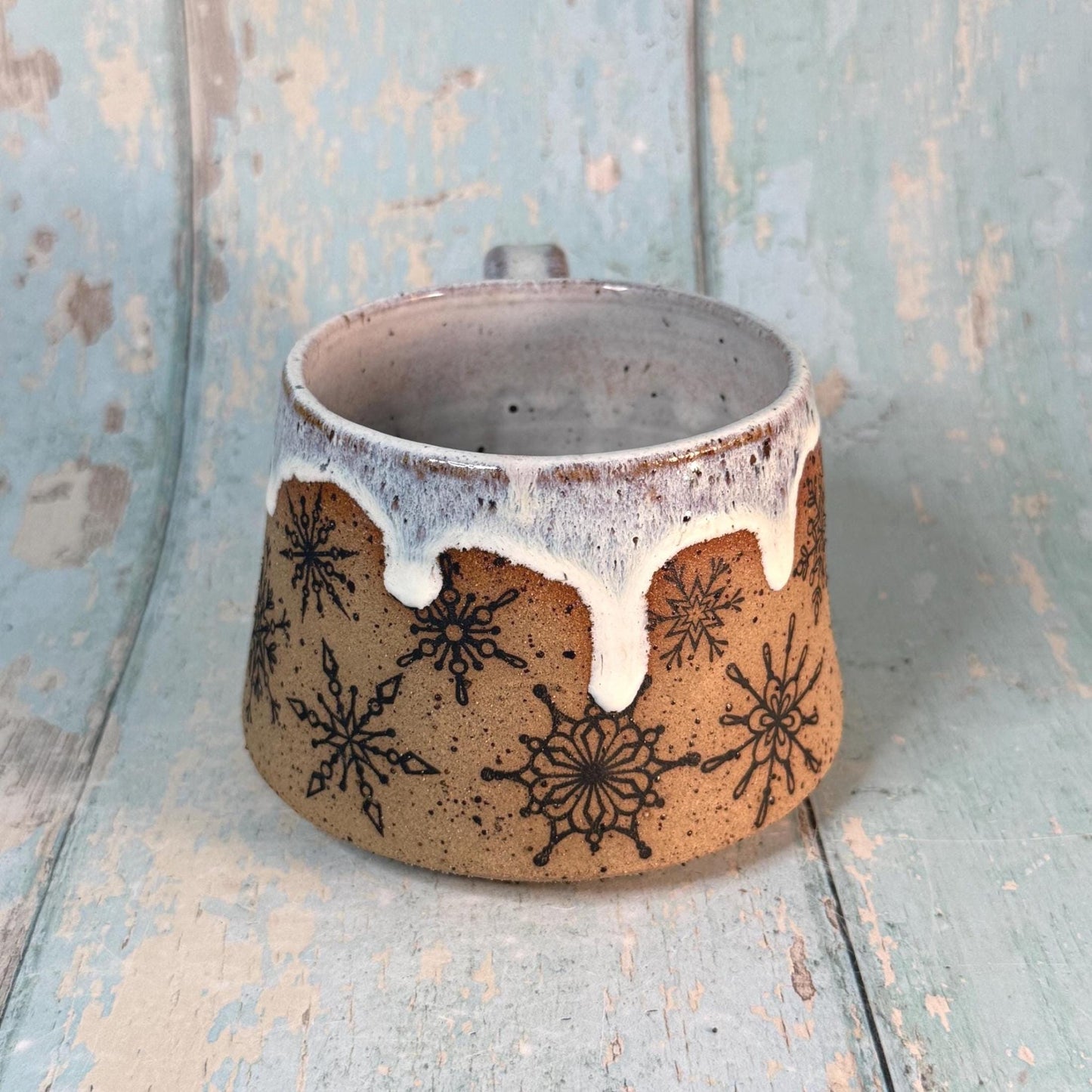 Black and White Christmas Snowflake Mug, Handmade Ceramic Cup - FJD Ceramics
