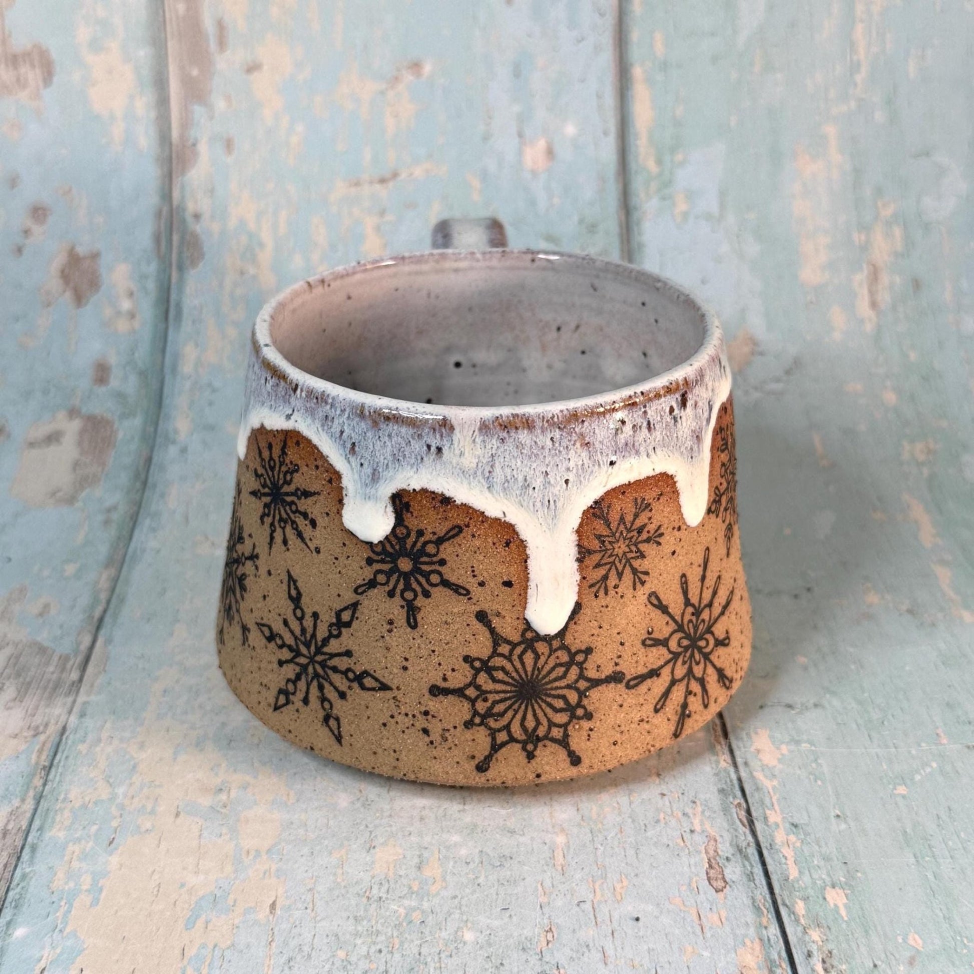 Black and White Christmas Snowflake Mug, Handmade Ceramic Cup - FJD Ceramics