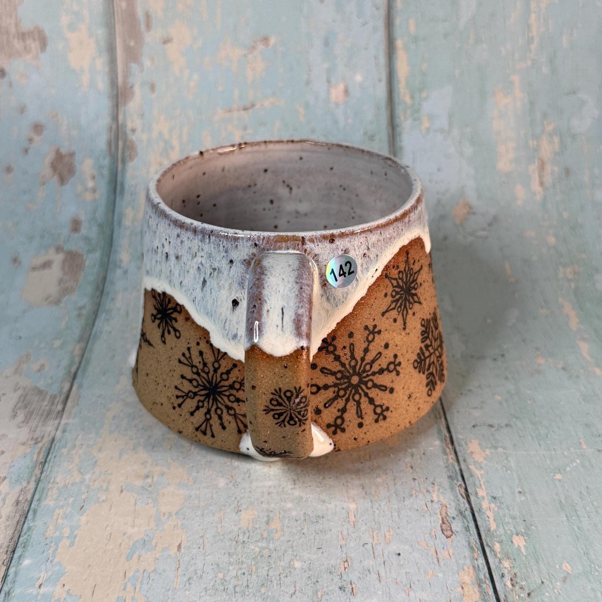 Black and White Christmas Snowflake Mug, Handmade Ceramic Cup - FJD Ceramics