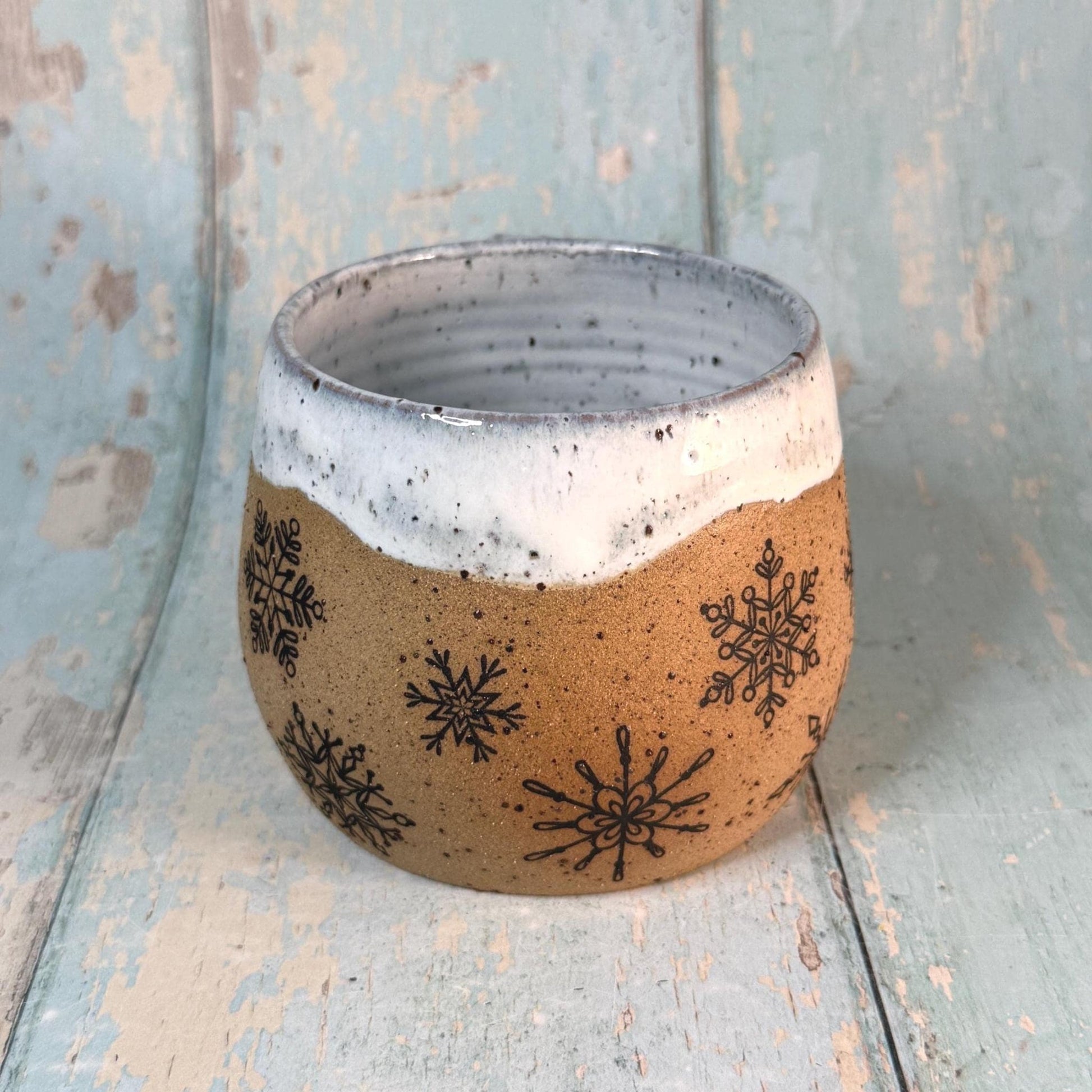 Black and White Christmas Snowflake Mug, Handmade Ceramic Cup - FJD Ceramics
