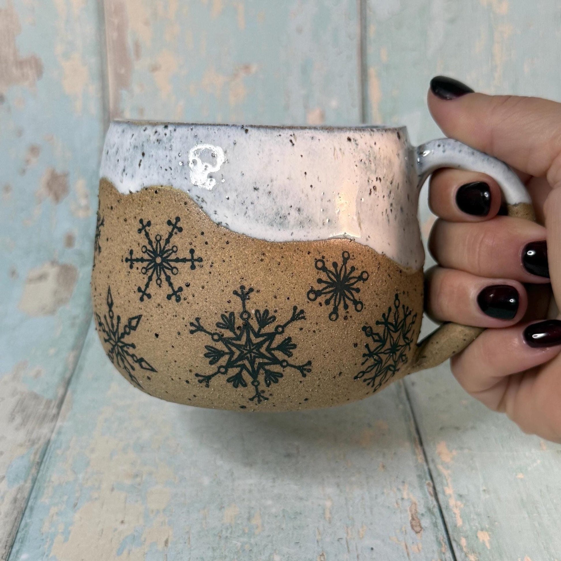 Black and White Christmas Snowflake Mug, Handmade Ceramic Cup - FJD Ceramics