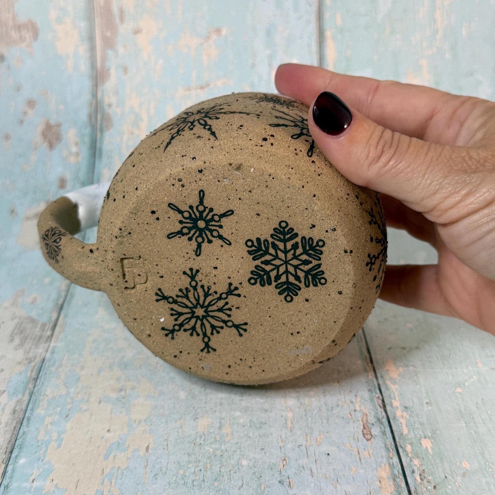 Black and White Christmas Snowflake Mug, Handmade Ceramic Cup - FJD Ceramics