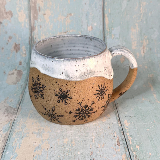 Black and White Christmas Snowflake Mug, Handmade Ceramic Cup - FJD Ceramics