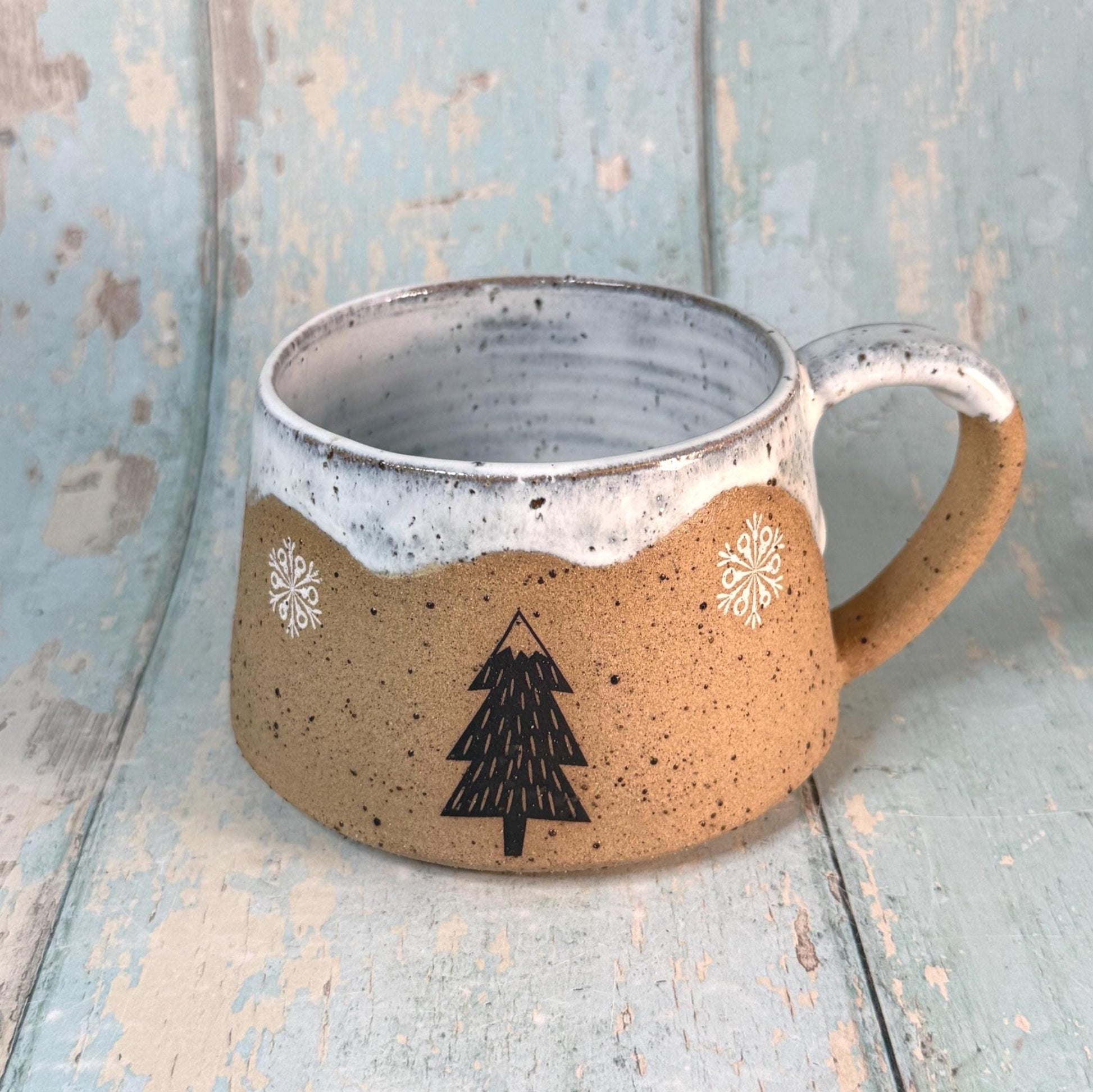 Black and White Christmas Tree Mug, Handmade Ceramic Cup - FJD Ceramics