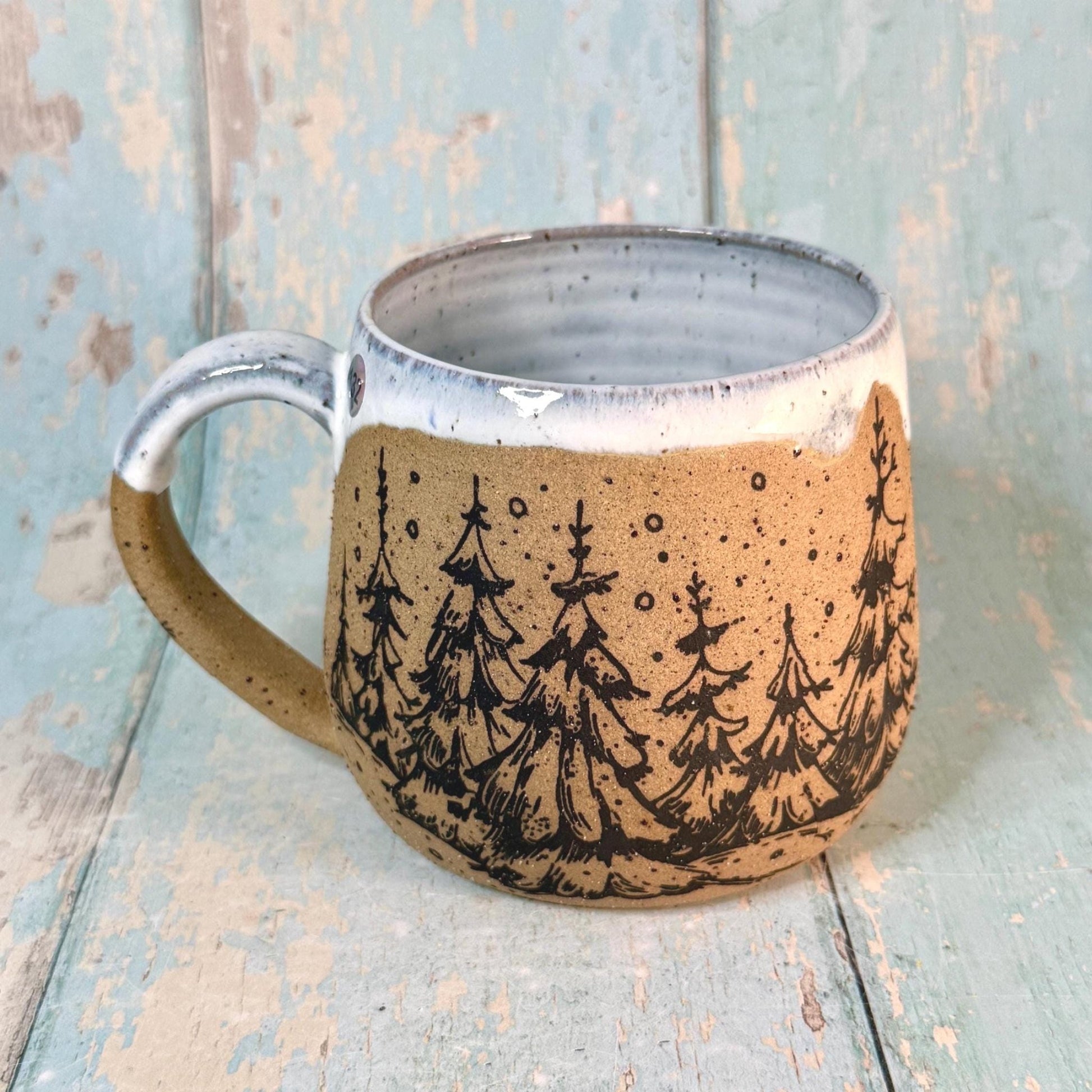 Black and White Christmas Tree Mug, Handmade Ceramic Cup - FJD Ceramics