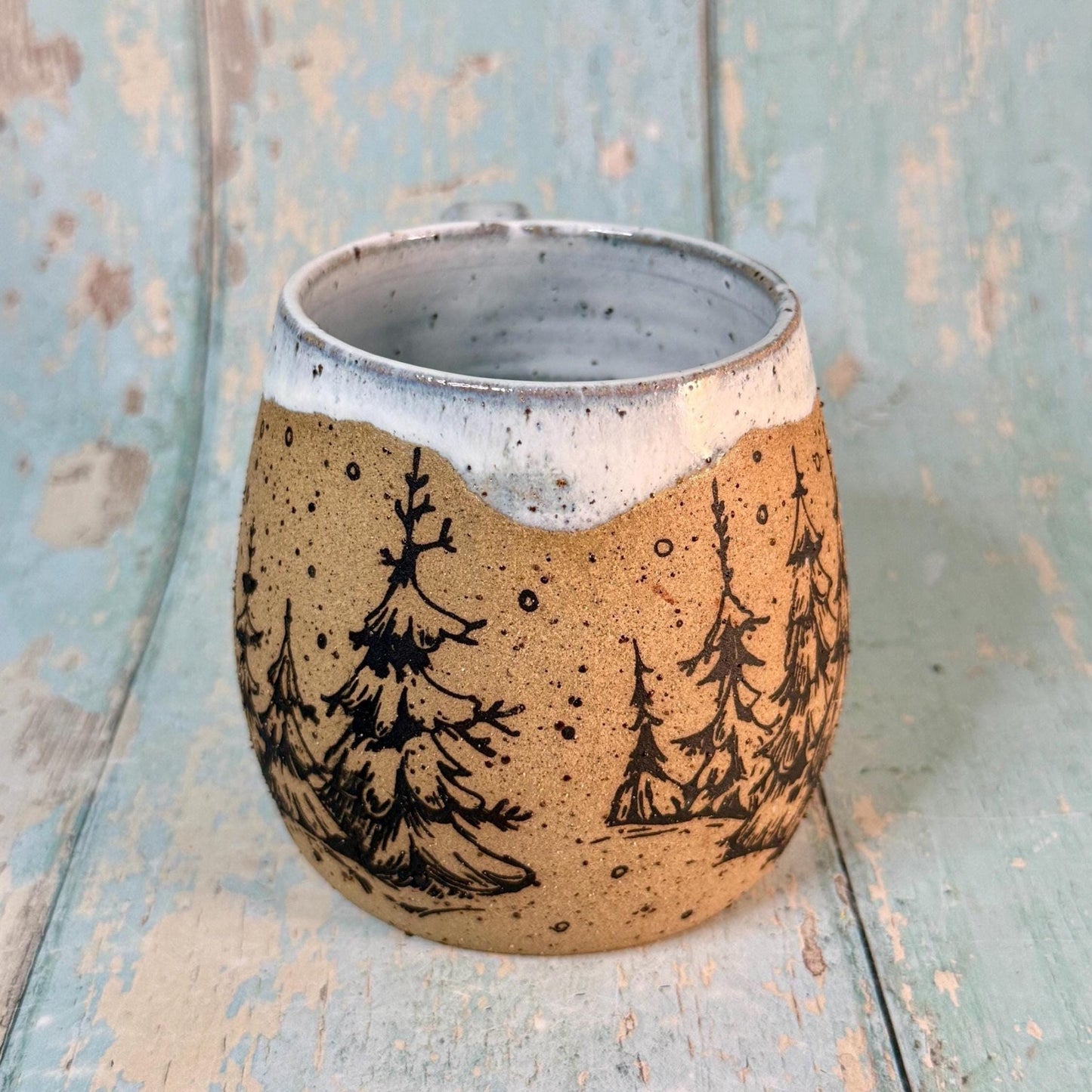 Black and White Christmas Tree Mug, Handmade Ceramic Cup - FJD Ceramics
