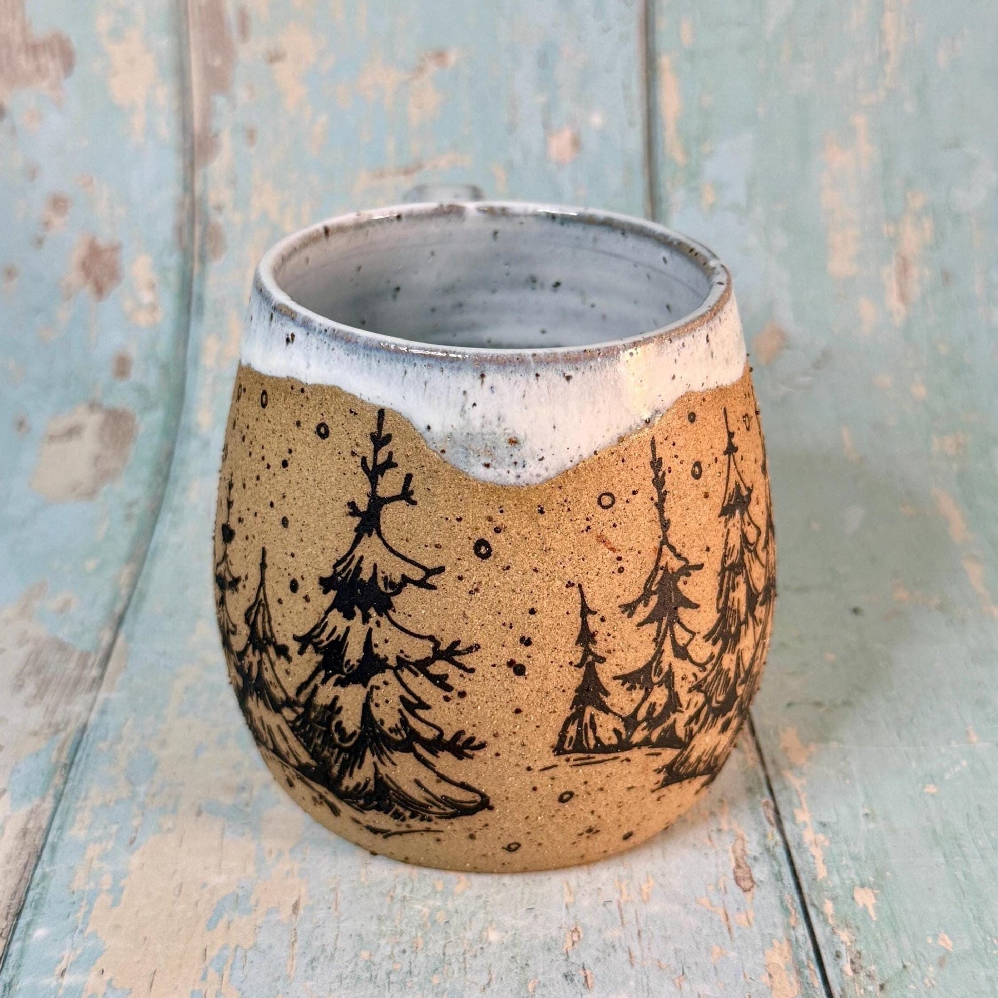 Black and White Christmas Tree Mug, Handmade Ceramic Cup - FJD Ceramics