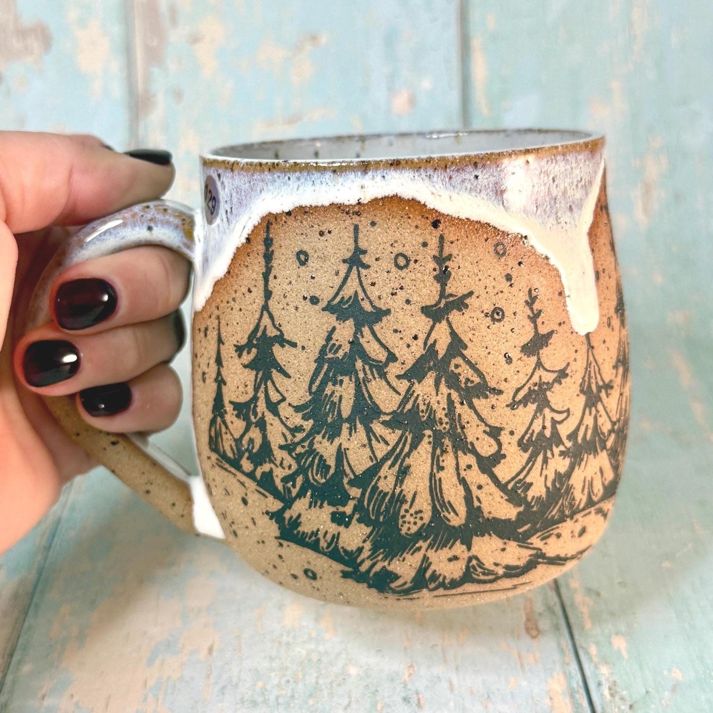 Black and White Christmas Tree Mug, Handmade Ceramic Cup - FJD Ceramics