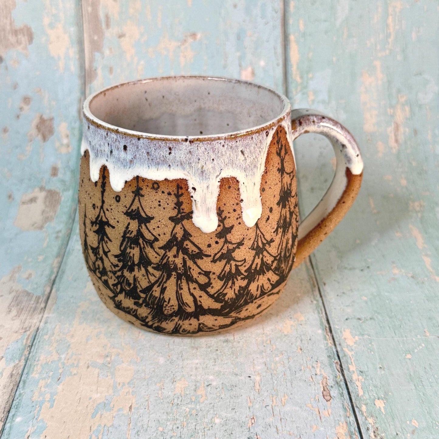 Black and White Christmas Tree Mug, Handmade Ceramic Cup - FJD Ceramics