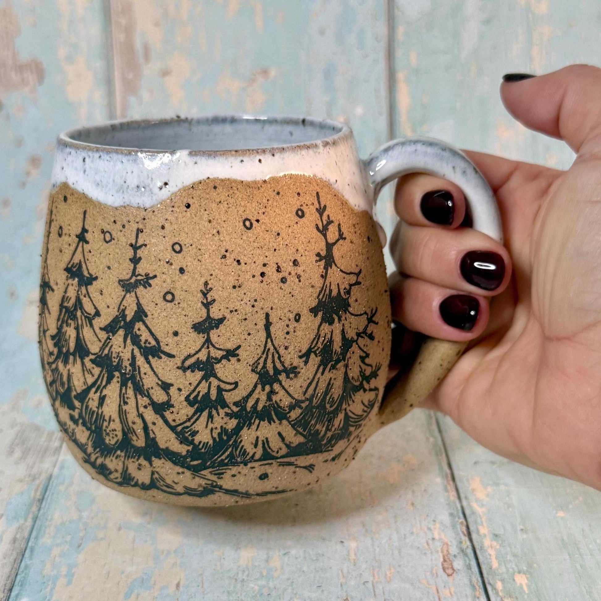 Black and White Christmas Tree Mug, Handmade Ceramic Cup - FJD Ceramics