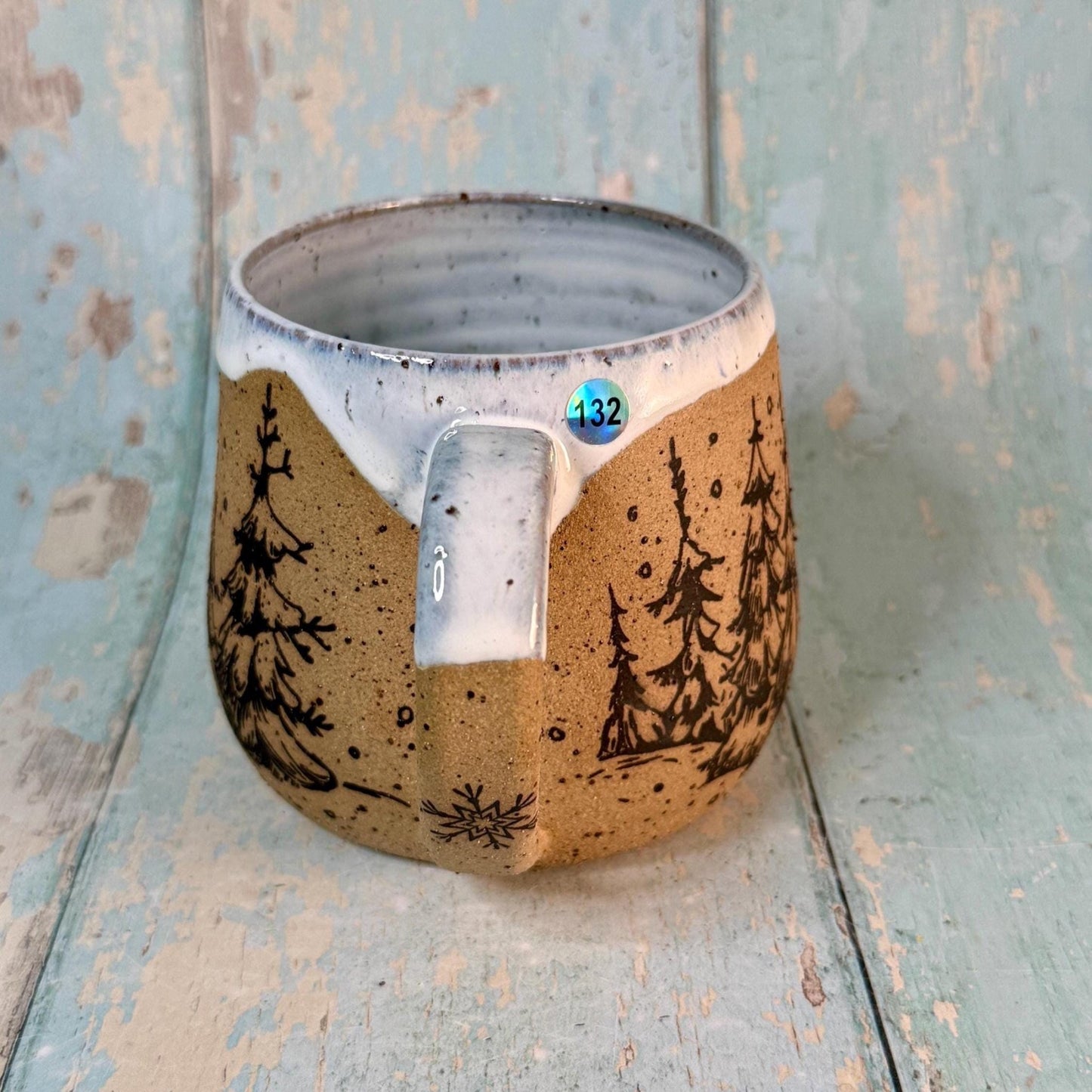 Black and White Christmas Tree Mug, Handmade Ceramic Cup - FJD Ceramics