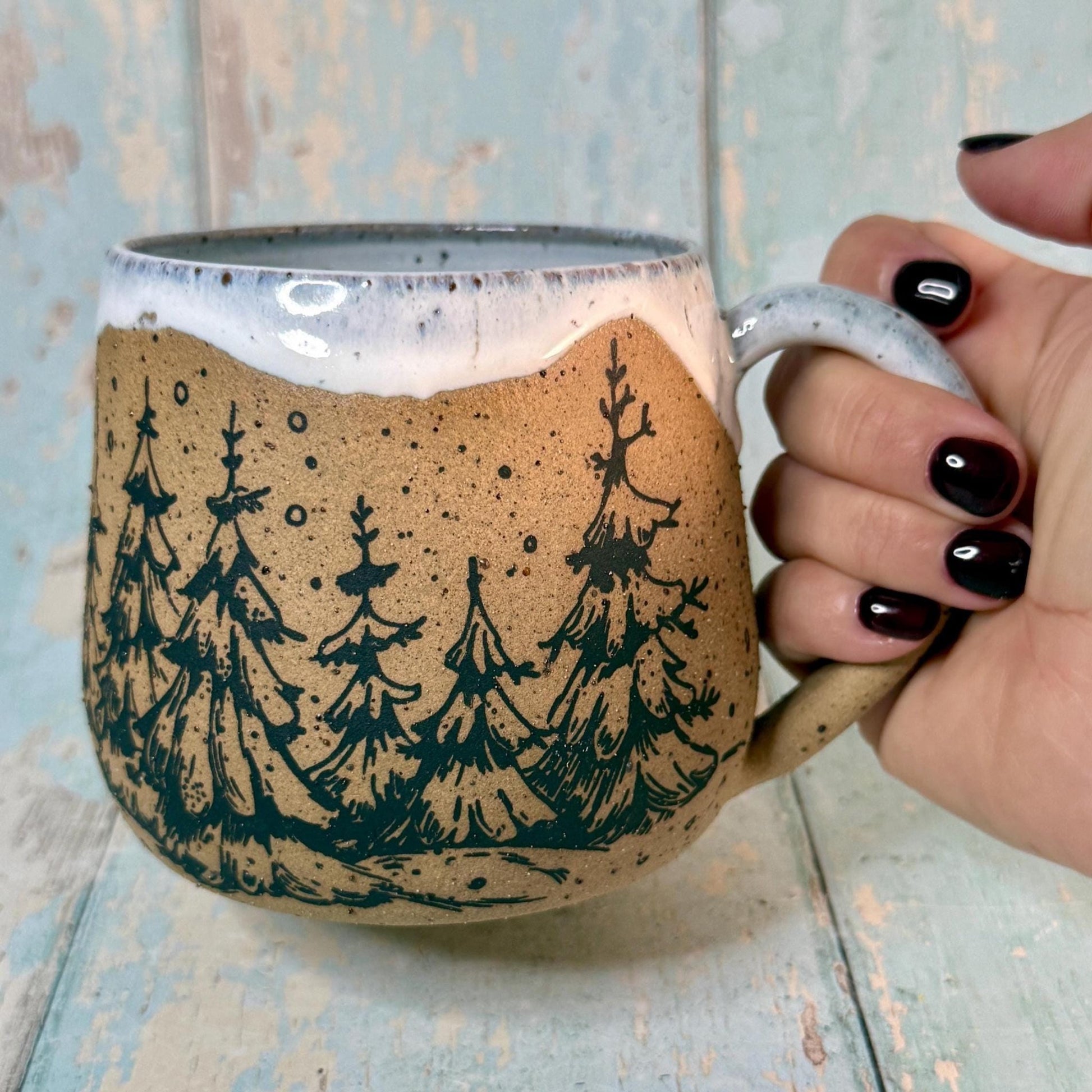 Black and White Christmas Tree Mug, Handmade Ceramic Cup - FJD Ceramics