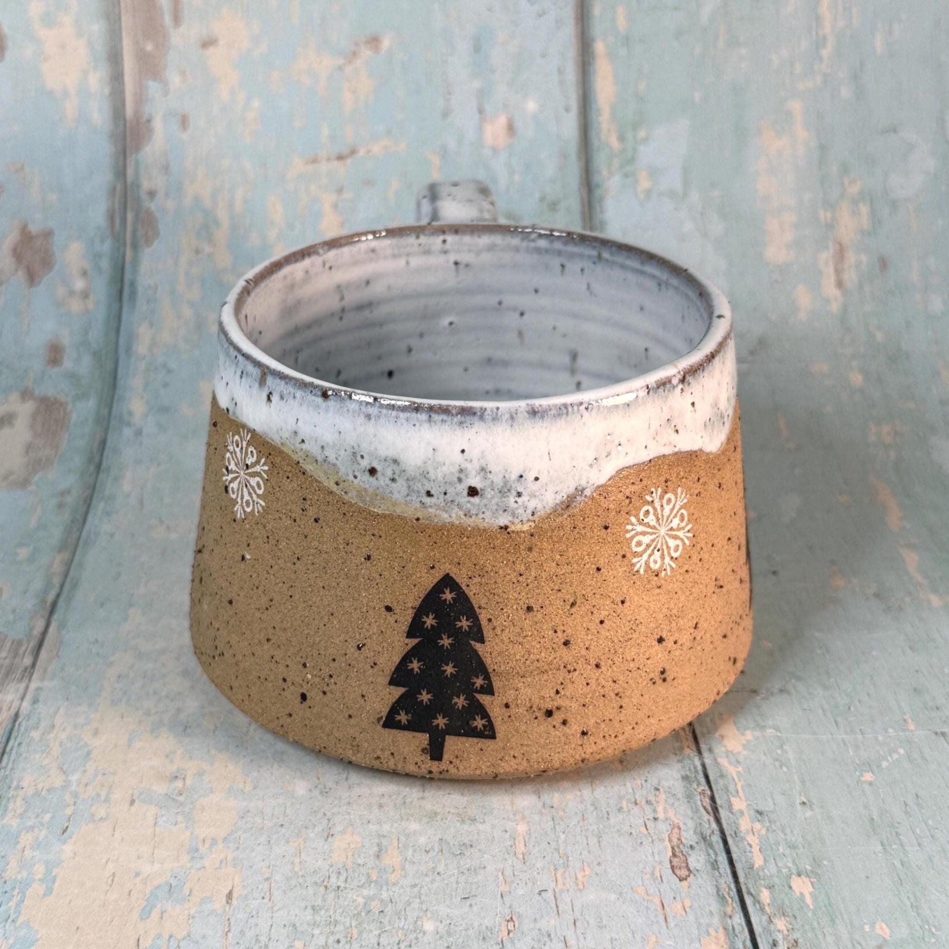 Black and White Christmas Tree Mug, Handmade Ceramic Cup - FJD Ceramics