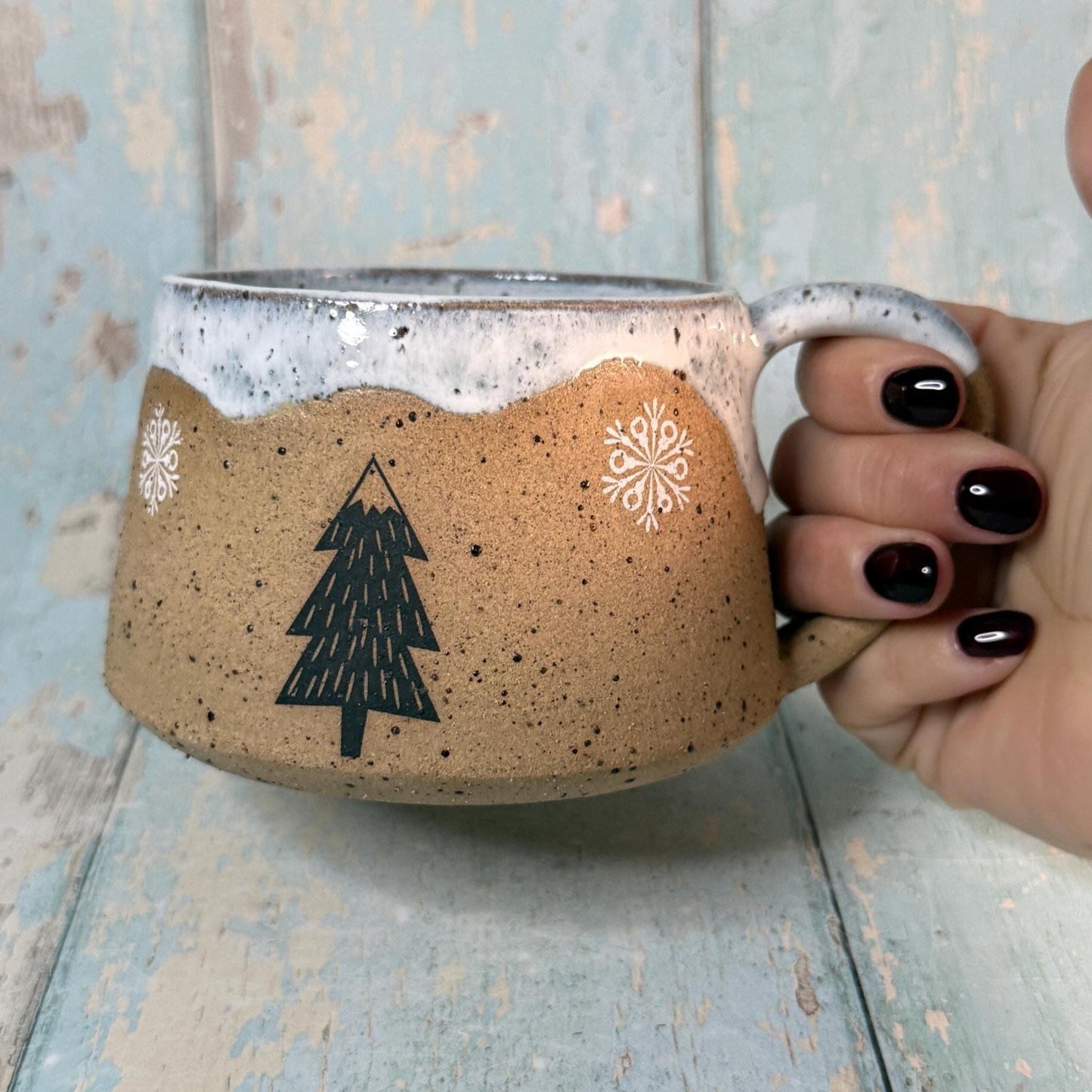 Black and White Christmas Tree Mug, Handmade Ceramic Cup - FJD Ceramics