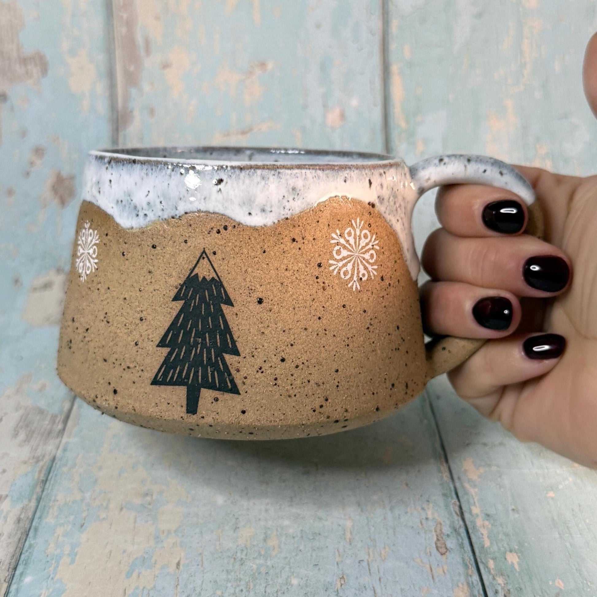 Black and White Christmas Tree Mug, Handmade Ceramic Cup - FJD Ceramics