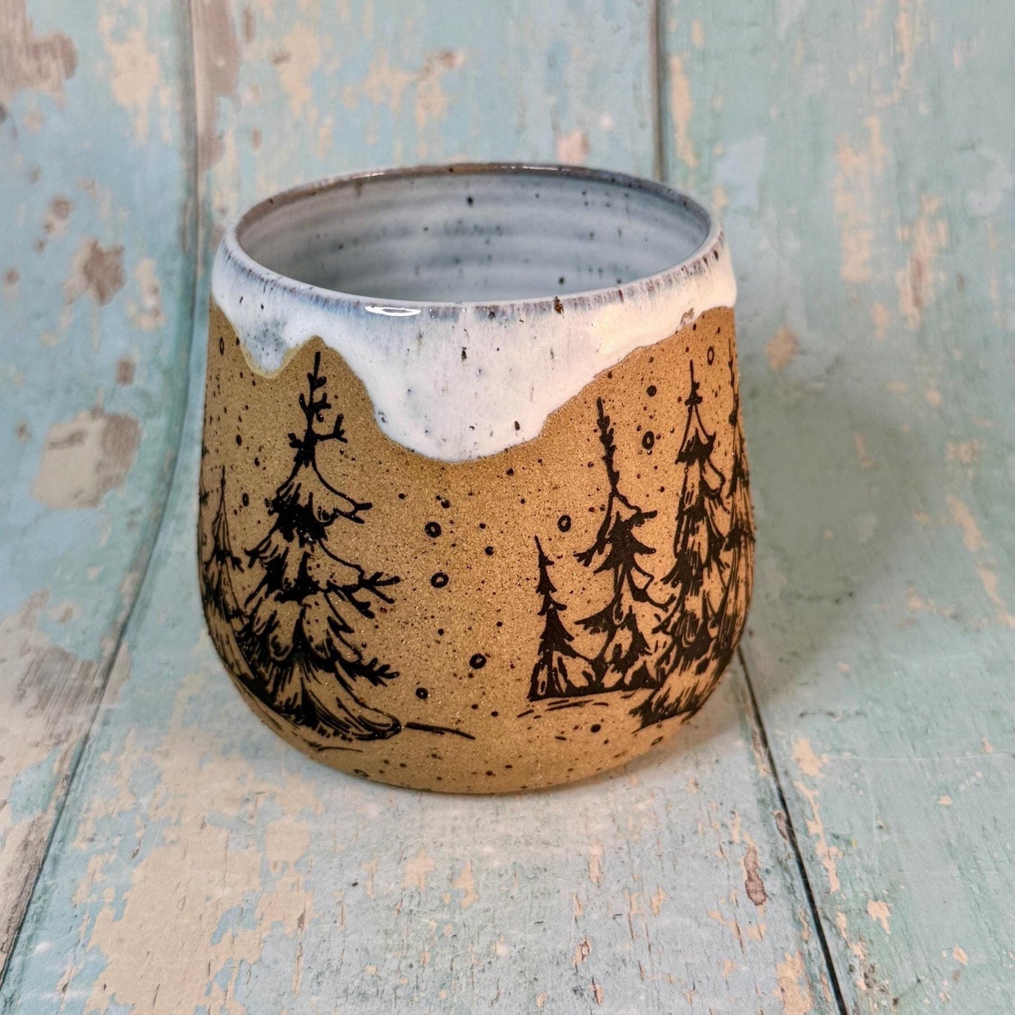 Black and White Christmas Tree Mug, Handmade Ceramic Cup - FJD Ceramics