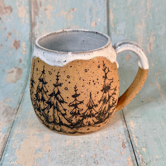 Black and White Christmas Tree Mug, Handmade Ceramic Cup - FJD Ceramics