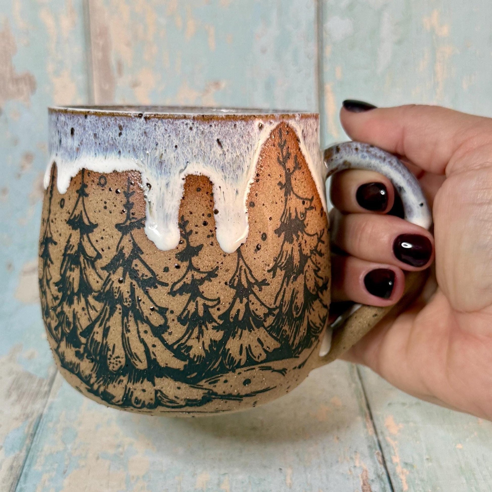 Black and White Christmas Tree Mug, Handmade Ceramic Cup - FJD Ceramics