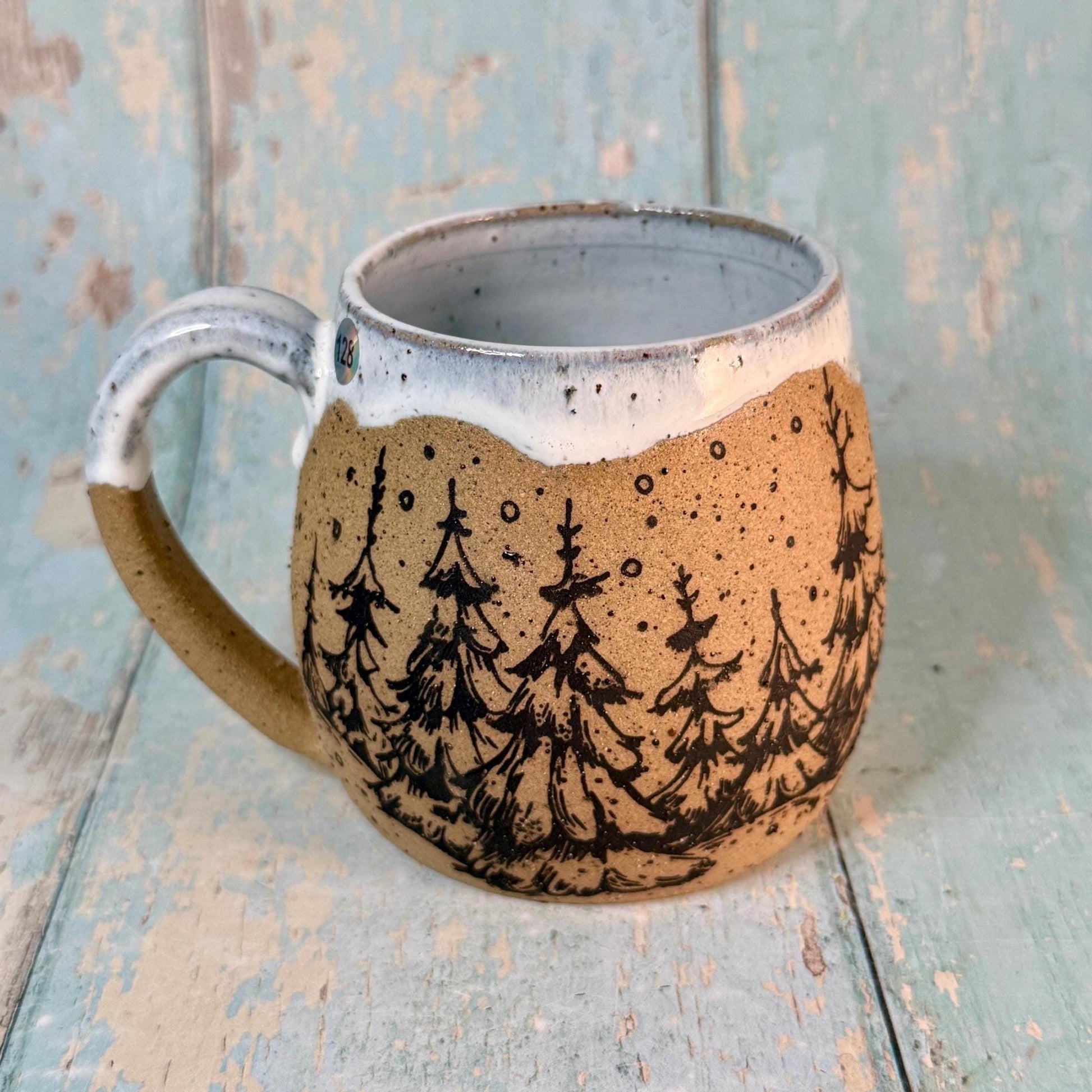 Black and White Christmas Tree Mug, Handmade Ceramic Cup - FJD Ceramics
