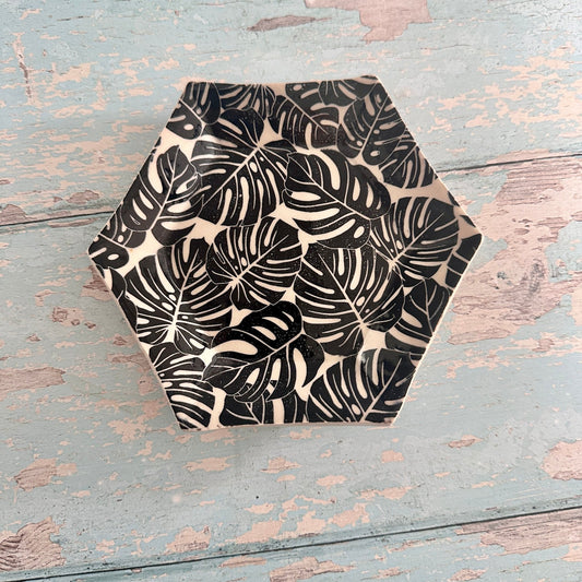 Black and White Monstera Jewellery Dish, Handmade Hexagon Ceramic Pot - FJD Ceramics