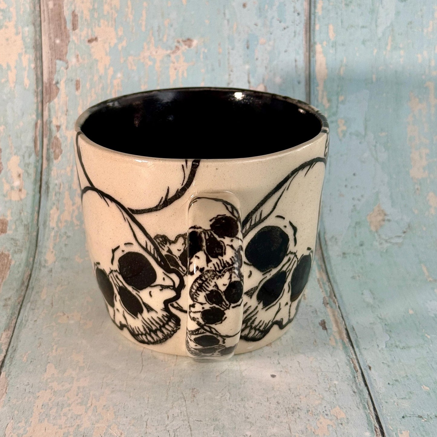 Black and White Skull Mug, Handmade Ceramic Cup - FJD Ceramics
