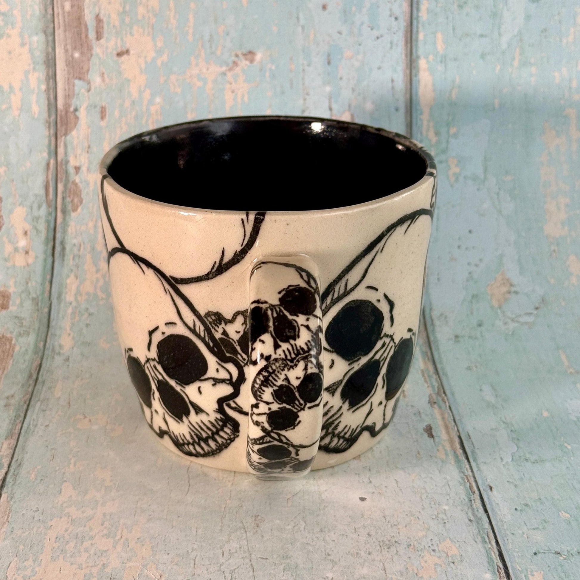 Black and White Skull Mug, Handmade Ceramic Cup - FJD Ceramics