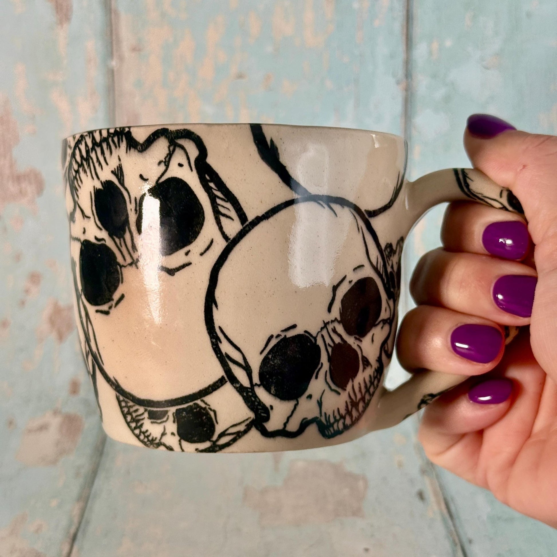 Black and White Skull Mug, Handmade Ceramic Cup - FJD Ceramics