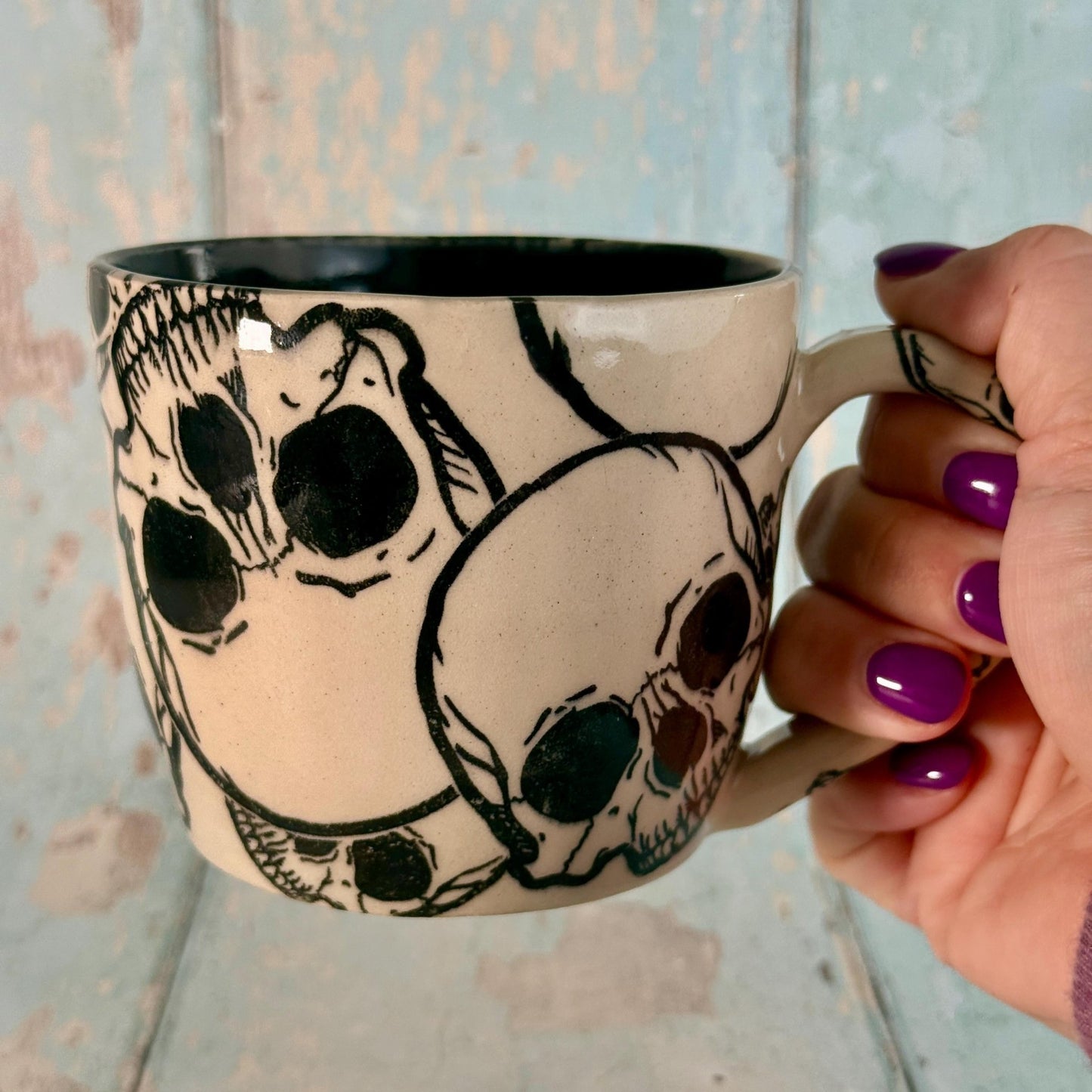 Black and White Skull Mug, Handmade Ceramic Cup - FJD Ceramics