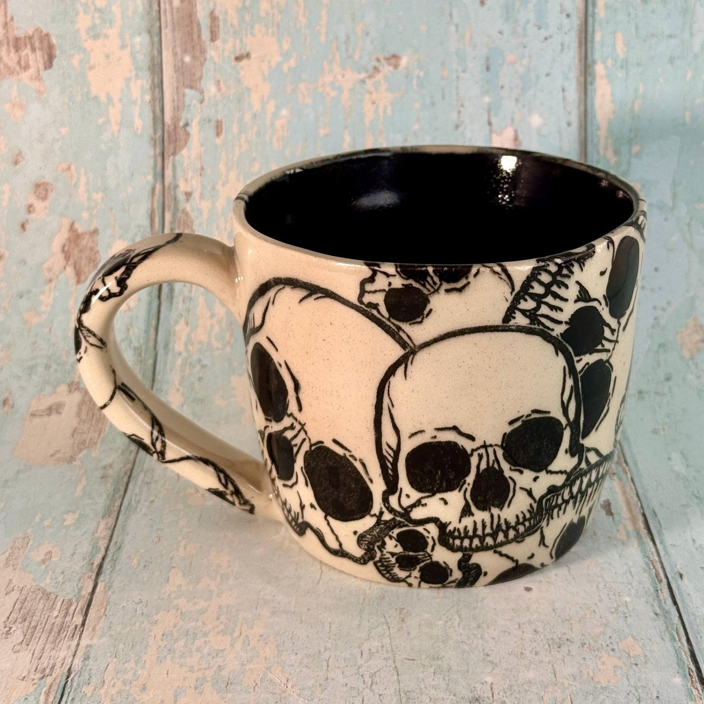 Black and White Skull Mug, Handmade Ceramic Cup - FJD Ceramics