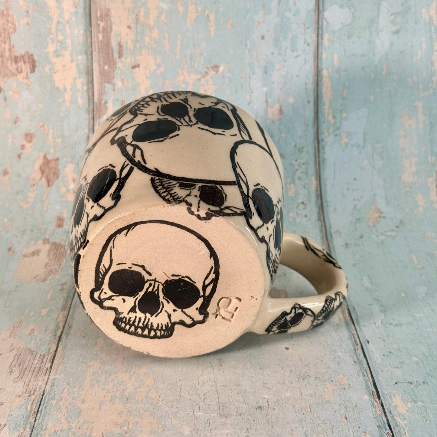 Black and White Skull Mug, Handmade Ceramic Cup - FJD Ceramics