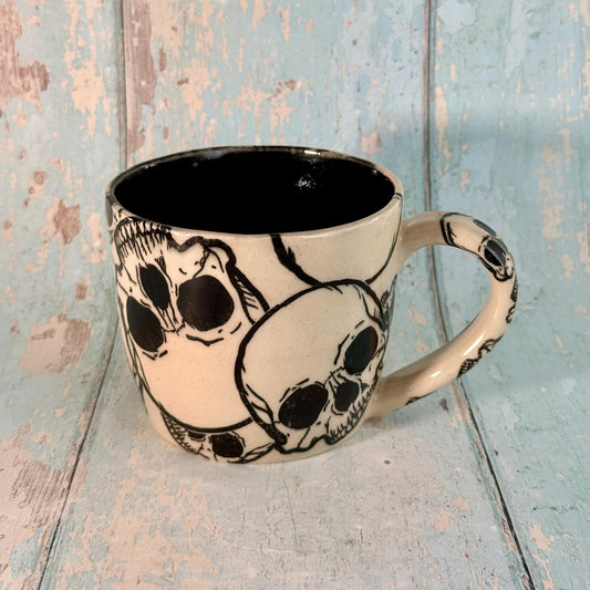 Black and White Skull Mug, Handmade Ceramic Cup - FJD Ceramics