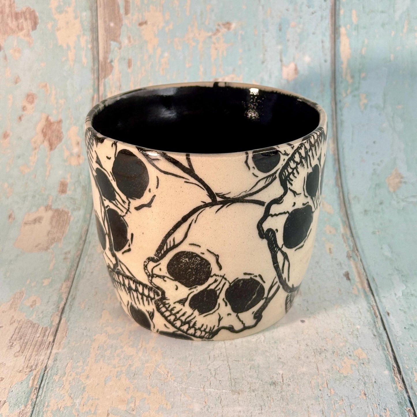 Black and White Skull Mug, Handmade Ceramic Cup - FJD Ceramics