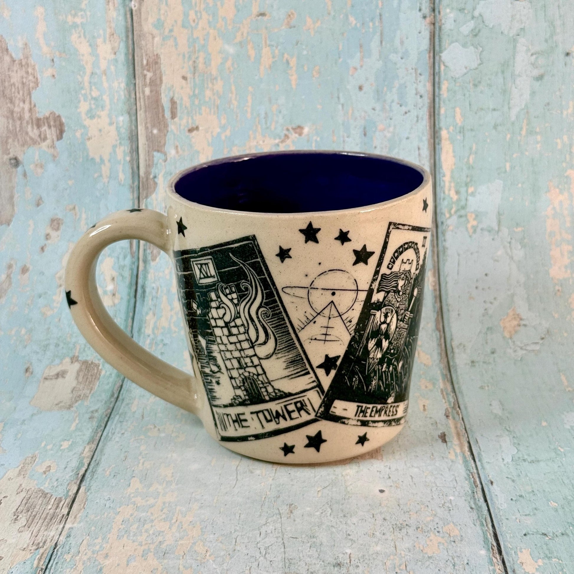 Black and White Tarot and Star Mug, Large Ceramic Cup - FJD Ceramics