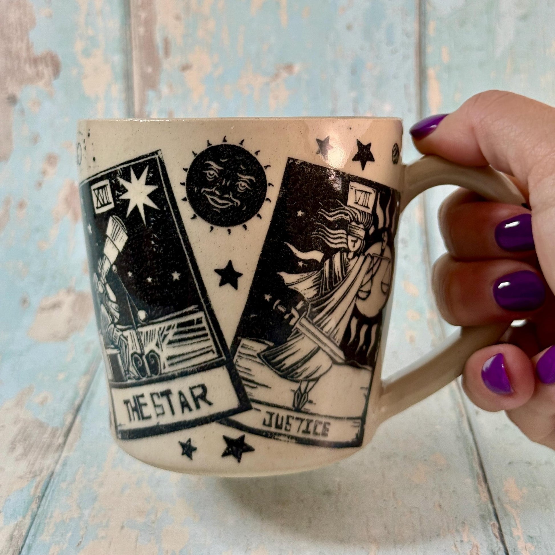Black and White Tarot and Star Mug, Large Ceramic Cup - FJD Ceramics