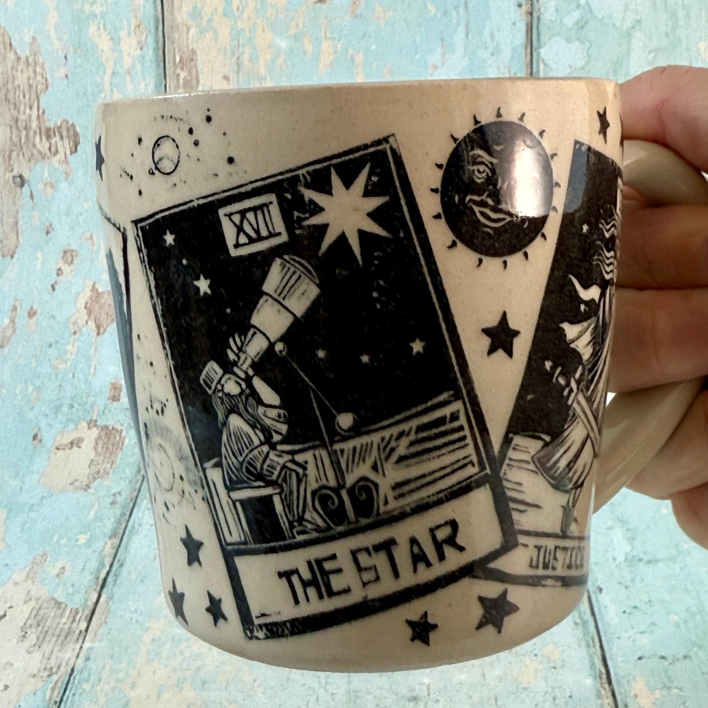 Black and White Tarot and Star Mug, Large Ceramic Cup - FJD Ceramics