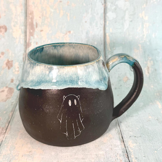 Black & Blue Ghost Mug, Handmade Ceramic Cup, Spooky Halloween Mug - FJD Ceramics