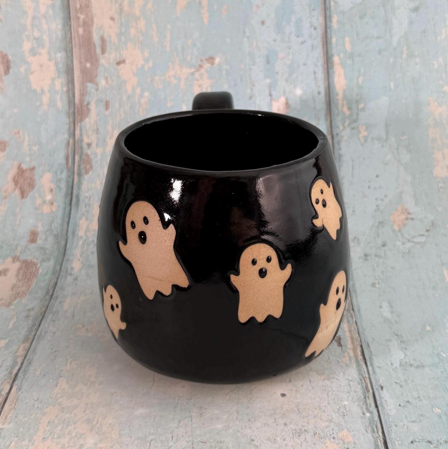 Black Ghost Mug, Handmade Ceramic Cup, Spooky Halloween Mug - FJD Ceramics
