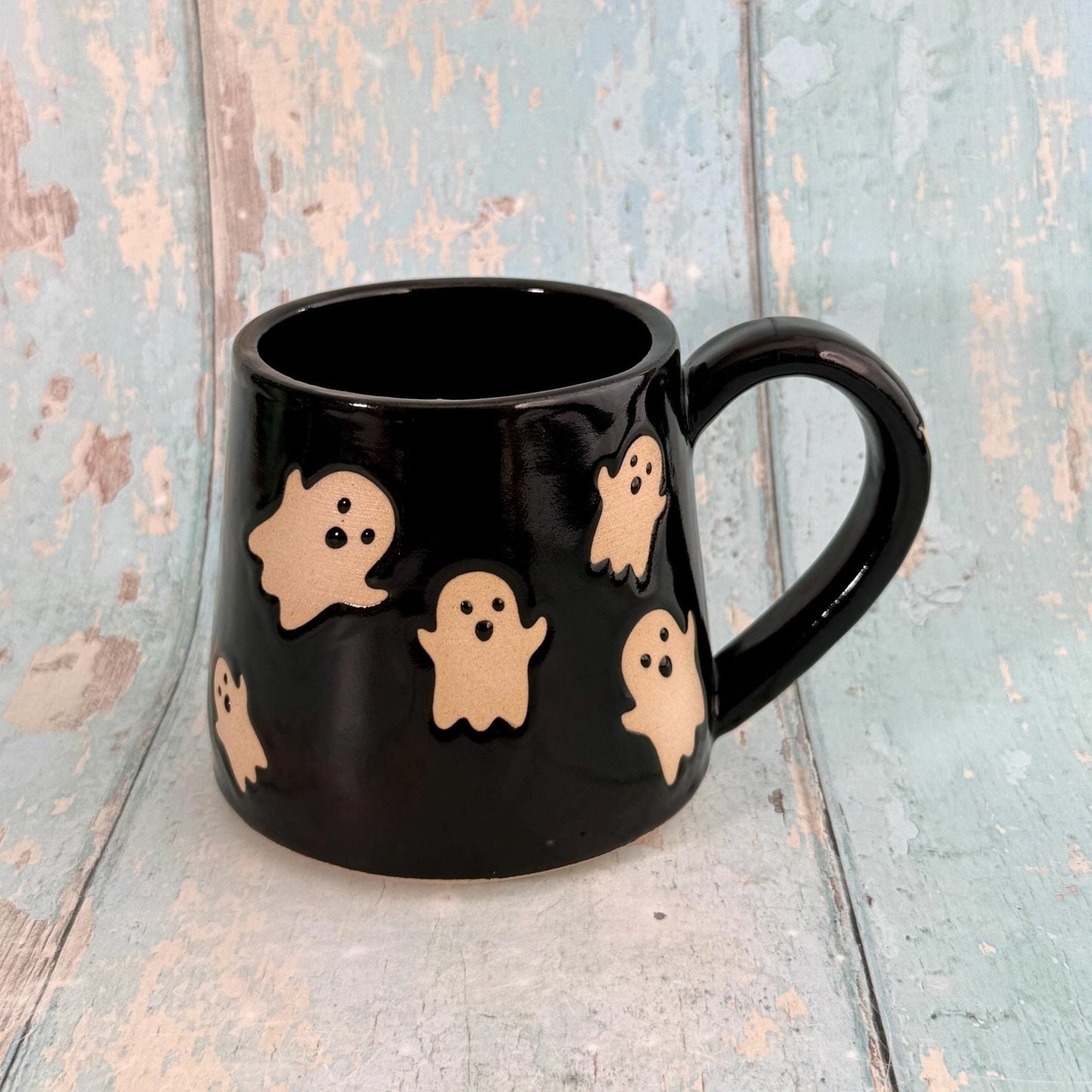 Black Ghost Mug, Handmade Ceramic Cup, Spooky Halloween Mug - FJD Ceramics
