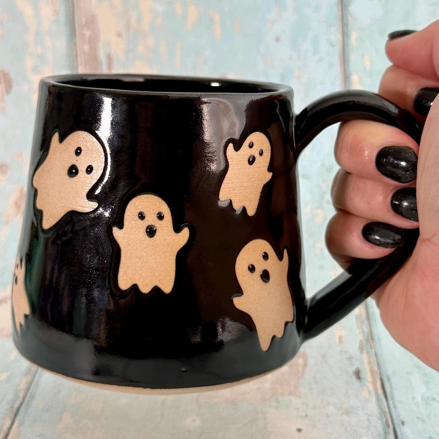 Black Ghost Mug, Handmade Ceramic Cup, Spooky Halloween Mug - FJD Ceramics