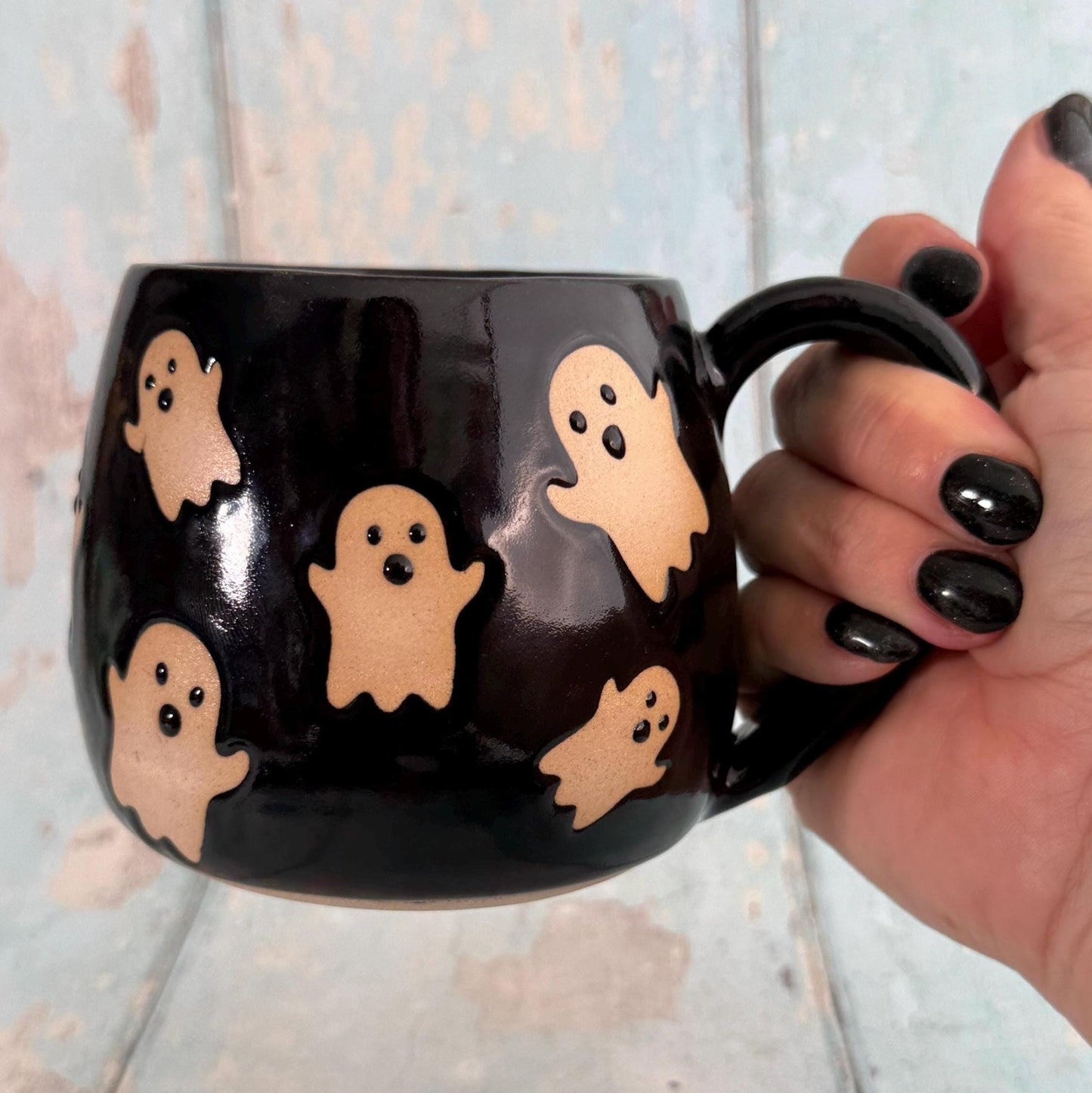 Black Ghost Mug, Handmade Ceramic Cup, Spooky Halloween Mug - FJD Ceramics