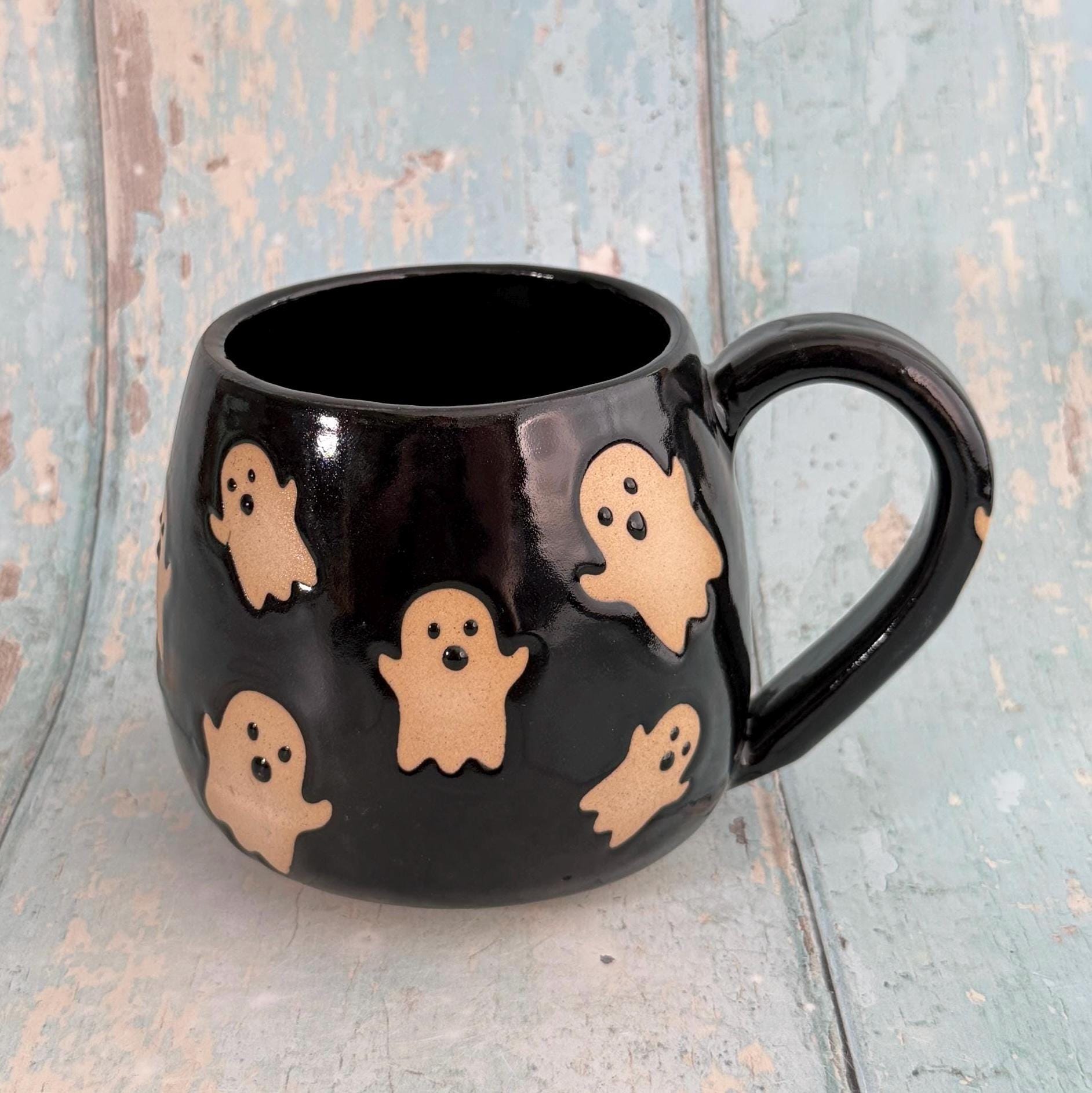 Black Ghost Mug, Handmade Ceramic Cup, Spooky Halloween Mug - FJD Ceramics