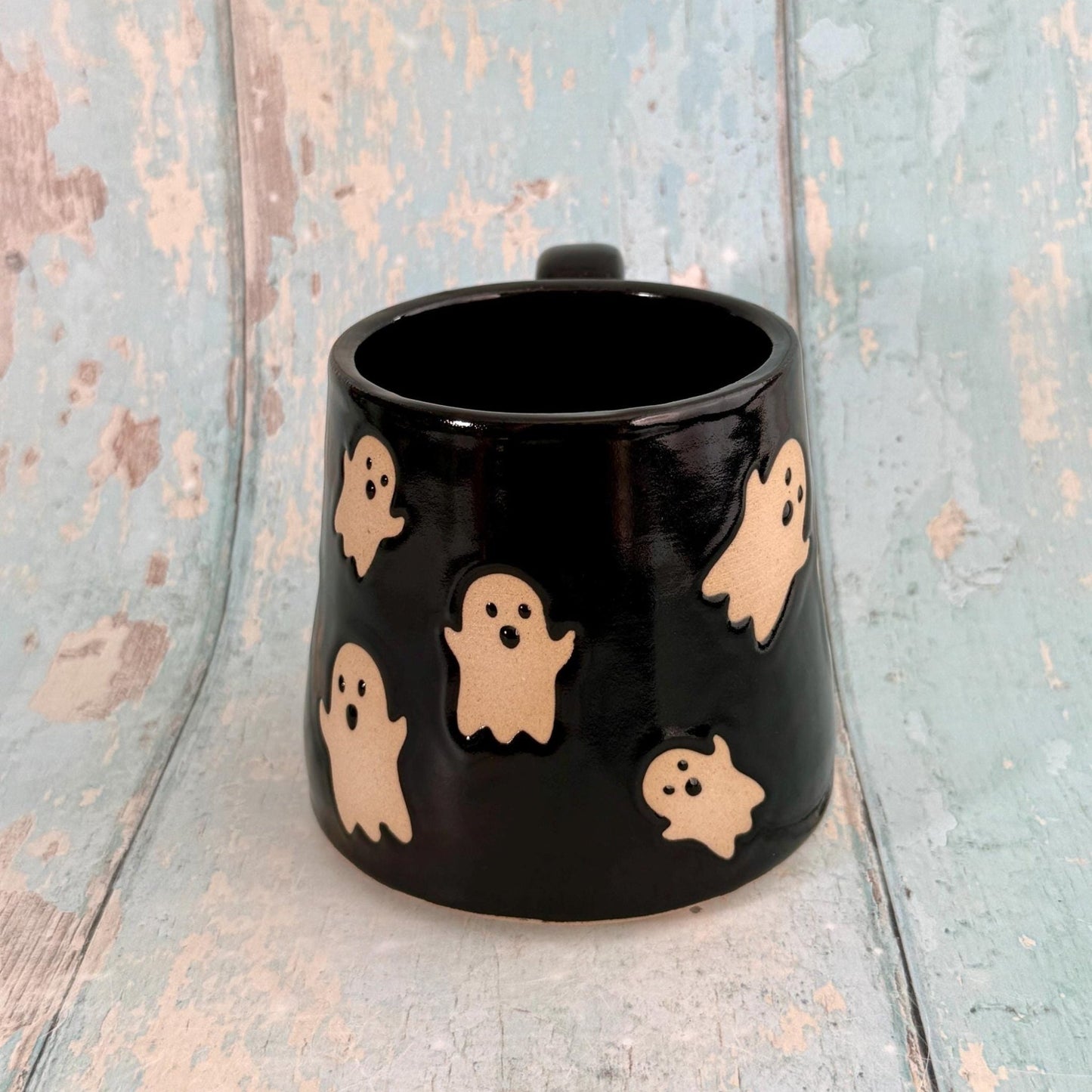 Black Ghost Mug, Handmade Ceramic Cup, Spooky Halloween Mug - FJD Ceramics