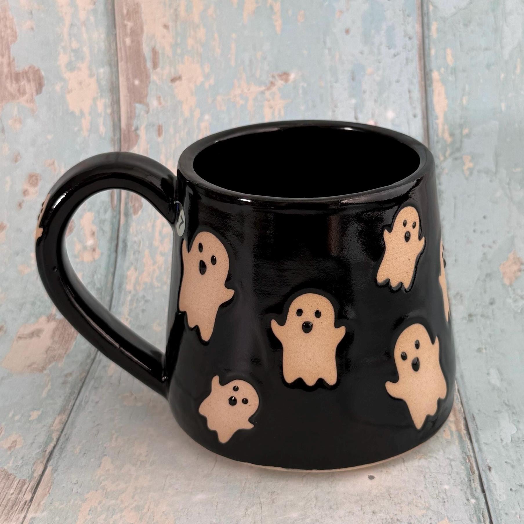Black Ghost Mug, Handmade Ceramic Cup, Spooky Halloween Mug - FJD Ceramics