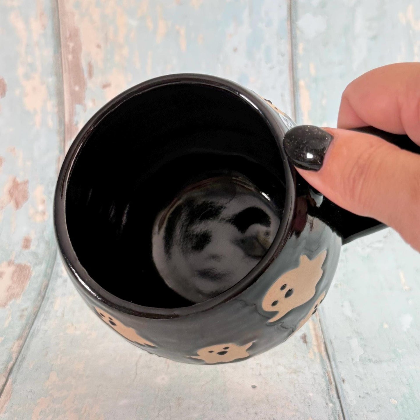 Black Ghost Mug, Handmade Ceramic Cup, Spooky Halloween Mug - FJD Ceramics