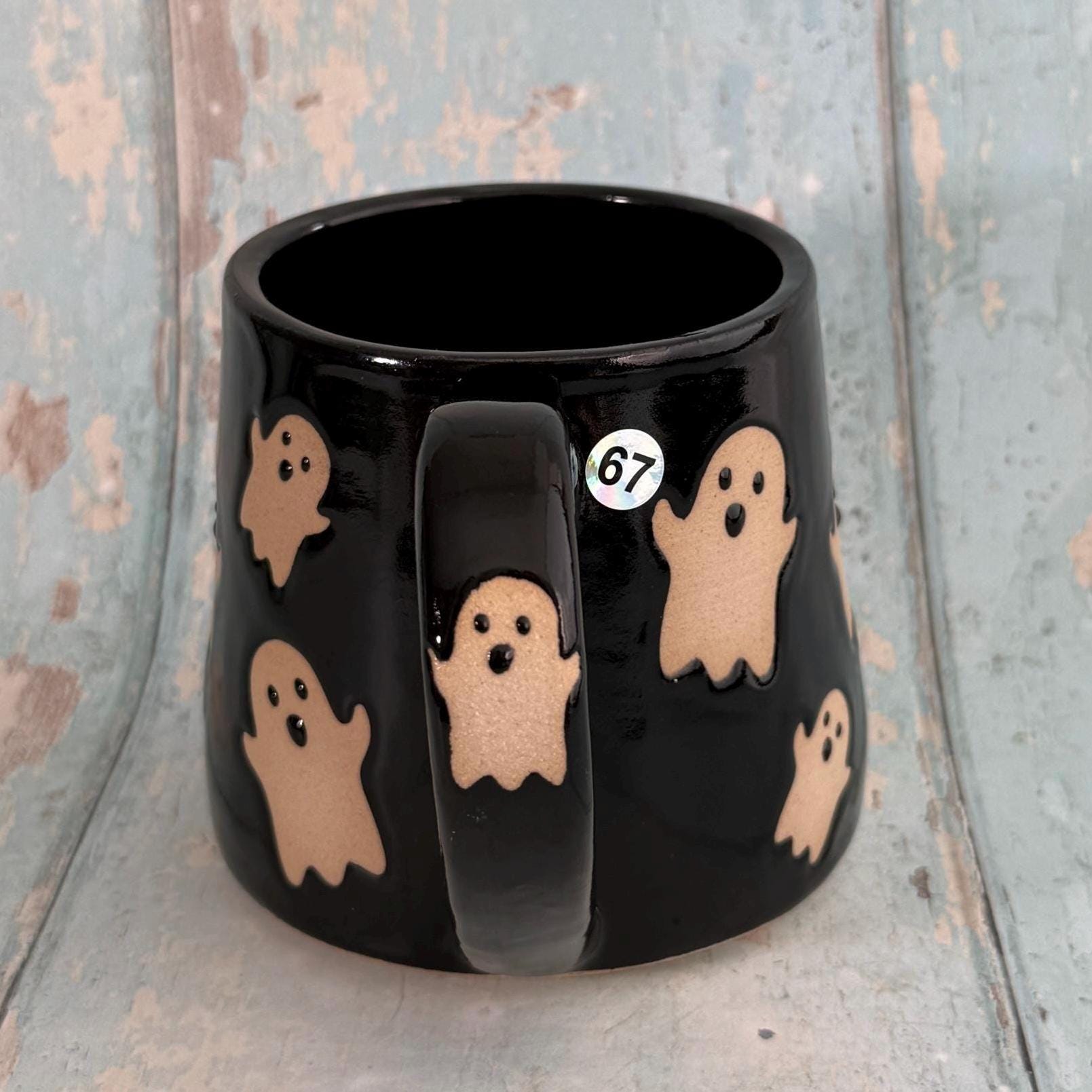 Black Ghost Mug, Handmade Ceramic Cup, Spooky Halloween Mug - FJD Ceramics