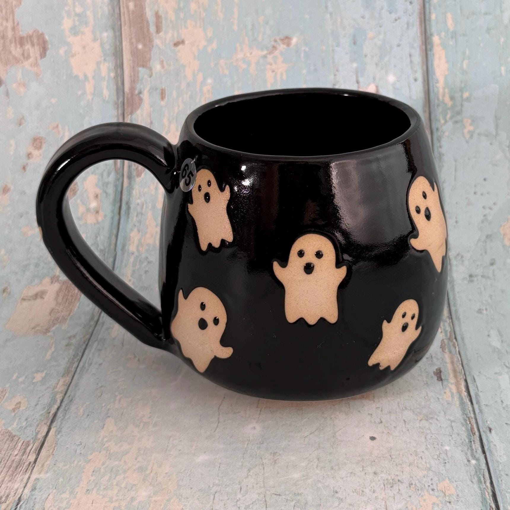 Black Ghost Mug, Handmade Ceramic Cup, Spooky Halloween Mug - FJD Ceramics