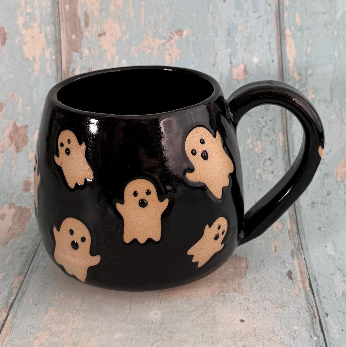 Black Ghost Mug, Handmade Ceramic Cup, Spooky Halloween Mug - FJD Ceramics