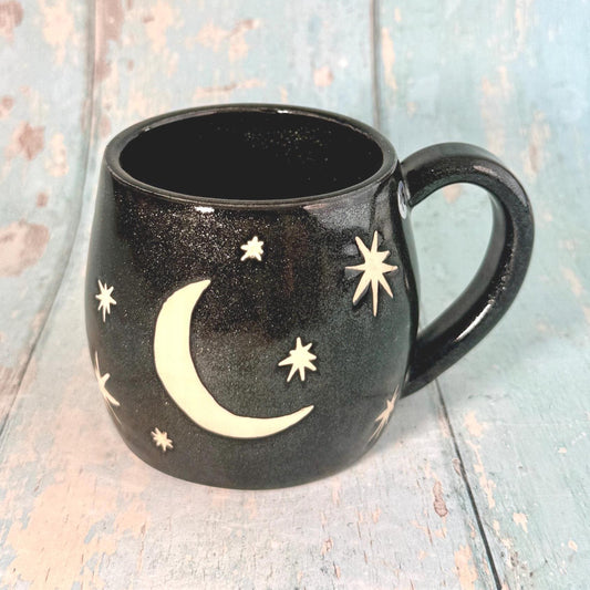 Black Glitter Moon & Star Celestial Mug, Ceramic Cup - FJD Ceramics